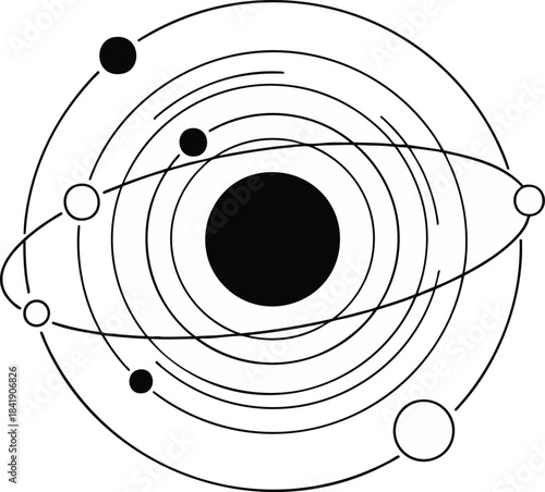 Abstract black and white vector of a core with multiple orbiting elements. This minimalist design suggests an atom or a solar system