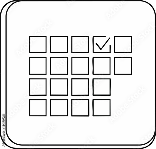 Hand-drawn, minimalist calendar icon showing a schedule grid with a checkmark confirming a specific date