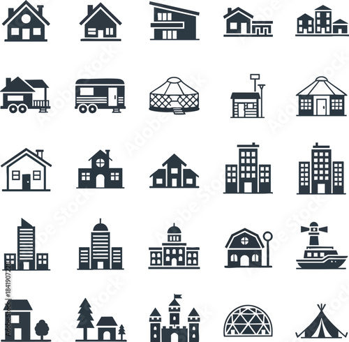 Collection of house icons in a flat design style. The set includes different house types like modern, vintage, and commercial buildings