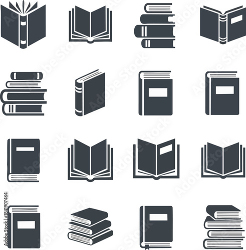 Collection of dark blue vector icons representing various physical books, closed, stacked, and open, ideal for educational or publishing concepts