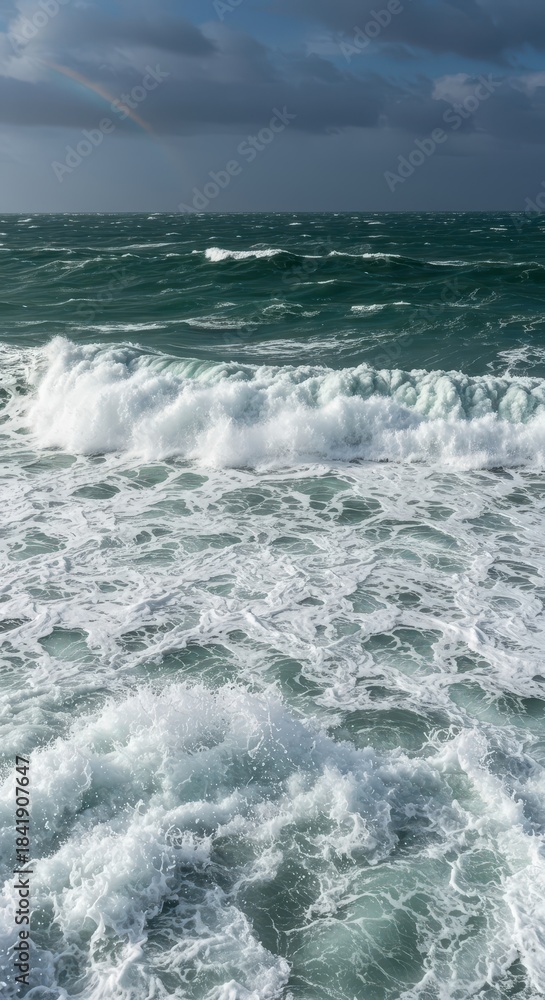 Fototapeta premium Powerful wave action generates a thick layer of sea foam stretching across the wild ocean horizon, resembling a massive white blanket, ocean, horizon, surf