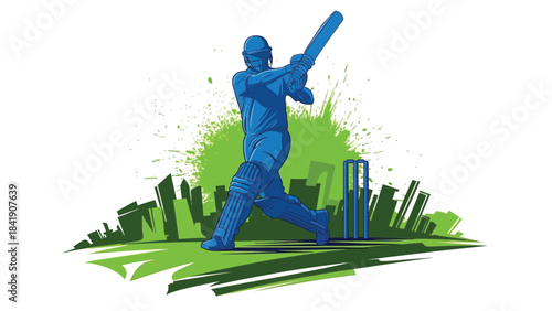 A stylized illustration depicts a cricket player in mid-swing, with a wicket and stumps visible in the background, set against a vibrant green abstract splash and cityscape silhouette.