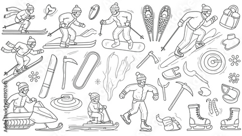 A collection of winter sports equipment and activities, including skiing, snowboarding, ice skating, snowmobiling, and sledding, all rendered in a black and white illustration style.