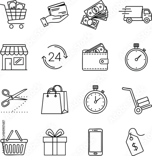 Shopping and e-commerce icons set. Includes shopping cart, credit card, money, delivery truck, shop, 24-hour service, wallet, and stopwatch
