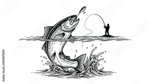 A silhouette of a fly fisherman casts a line into the water as a large salmon leaps out, its mouth open, in a dynamic depiction of the sport.