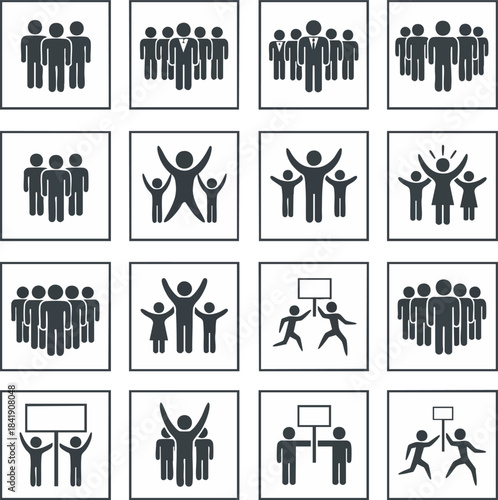 Large vector icon set featuring business groups, team leadership, success celebration, and social protest symbols