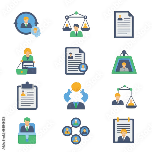 Human Resources and Business Management Flat Icons Set.