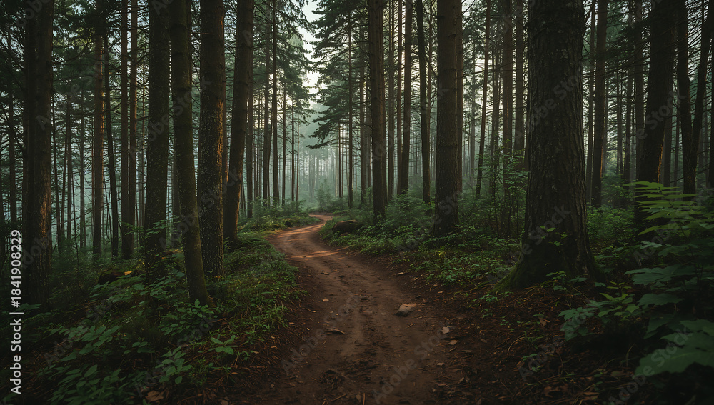 Fototapeta premium Misty Forest Path Through Dense Trees in Early Morning Light