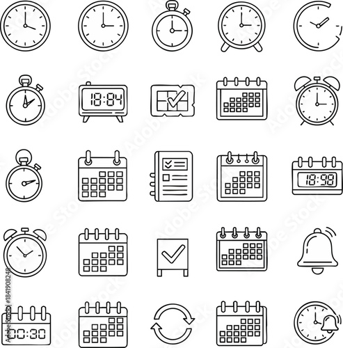 Collection of time management icons in outline style. These vector illustrations cover topics such as clocks, alarms, calendars, and reminders