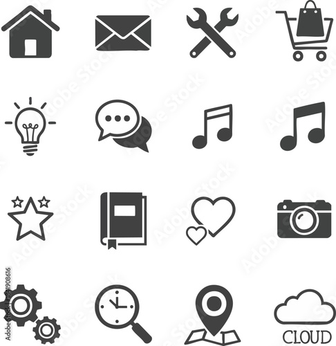A grid of modern, simple icons representing various concepts and functions