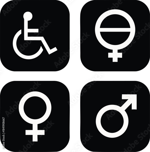 Illustration of various restroom and accessibility signs. Includes universal symbols for female, male, no access and disabled access on black squares