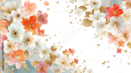 繊細で美しい和風花柄装飾背景。金色の葉とやわらかな花々が調和した華やかフレーム。結婚式、成人式、卒業式などフォーマルシーンにマッチする上品な背景素材。