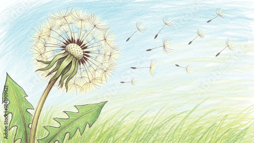 Hand-Drawn Dandelion Seeds Blowing in Wind Illustration