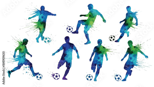Silhouettes of seven soccer players in various poses, each depicted with colorful watercolor splashes and a soccer ball, representing the dynamic nature of the sport.