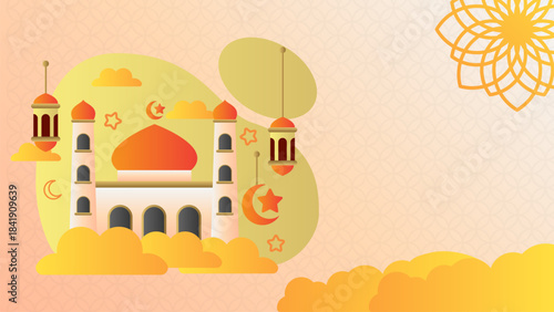 Eid Mubarak, Islamic greeting template with Mosque, cloud and lantern. Happy Eid Mubarak editable greetings template for Eid al-Fitr and Eid al-Adha banners, postcard, advertisements and more.