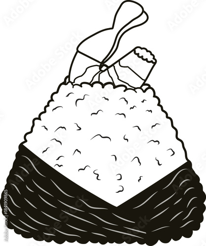 Simple line art drawing of a triangular Japanese shrimp onigiri rice ball wrapped in nori seaweed, a popular Asian fast food or snack, ideal for food-related design projects, menus, or cultural themes