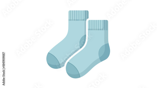 A pair of light blue knitted socks are positioned against a white background.