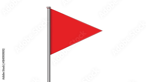 A simple red triangular flag is attached to a metal pole against a white background.