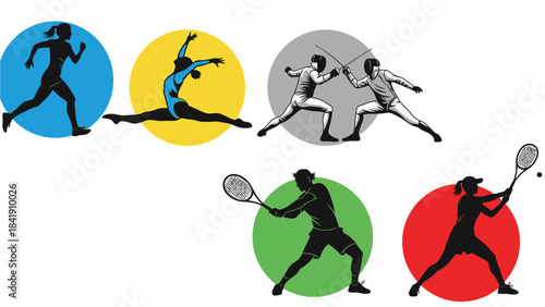 Diverse athletic silhouettes depicting running, gymnastics, fencing, and tennis, presented against colorful circular backgrounds to represent various sports.
