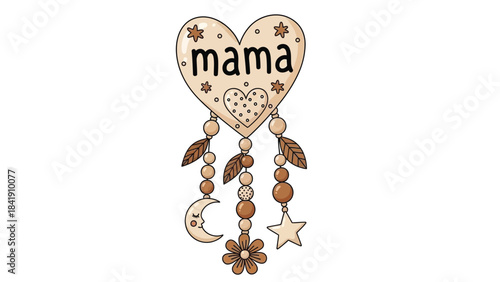 A decorative heart-shaped object with the word "mama" written on it, adorned with celestial and floral elements, suggesting a gift for a mother.