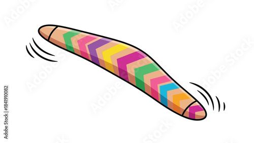 A colorful boomerang, designed to return when thrown, is depicted in motion with subtle motion lines indicating its flight path.