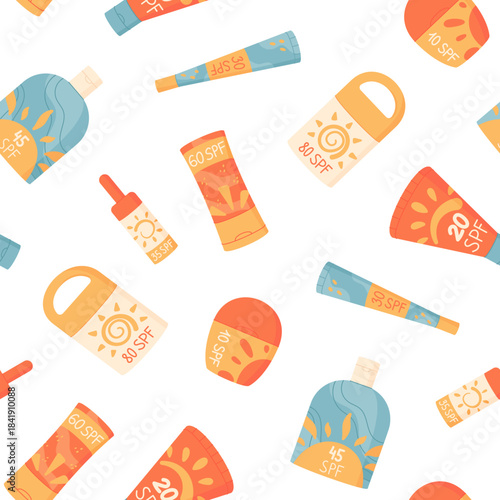 Flat seamless pattern of sunscreen bottle shapes, spf lotion tube, sunblock spray container. Cosmetic sun care pack, summer protection design, seamless wallpaper, cartoon motif, collection texture.