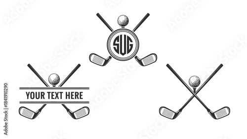 A collection of three graphic emblems featuring crossed golf clubs, golf balls, and customizable text or monogram elements, designed for sports branding and personalization.