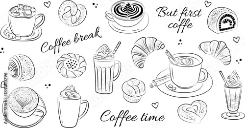 coffee and breakfast items in a sketch style