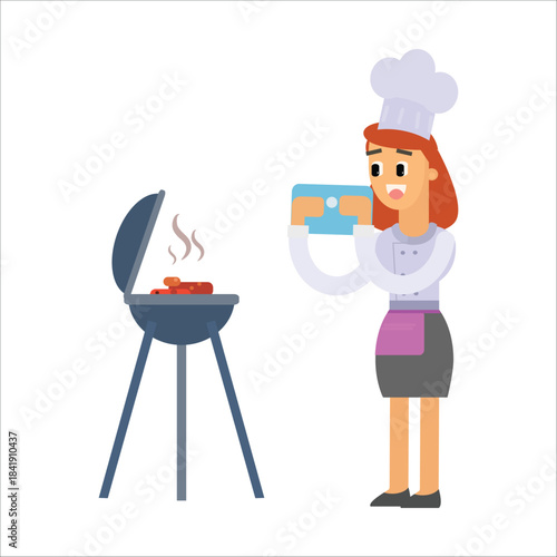 Female chef taking a photo of the barbecue grill with a smartphone or tablet