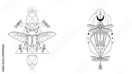 Geometric designs featuring a scarab beetle and dragonflies, and a lantern with dragonflies, all rendered in a minimalist black and white line art style.