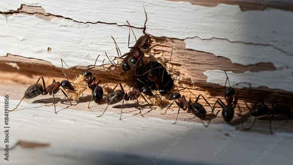 Obraz premium A colony of termites is actively working on a piece of wood. The wood is damaged with visible tunnels. Several termites are seen in various positions.