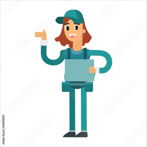 Female plumber holding a tablet or clipboard and gesturing to present something