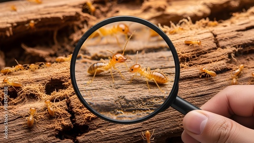 Close-up view of termites on wood, magnified by a hand-held magnifying glass. The scene shows multiple small, yellowish-brown termites and wood debris.