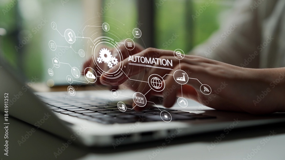 Fototapeta premium Modern automation drives workflow efficiency by connecting systems, people, and data. With intelligent automation, businesses unlock potential through seamless integration and automation tools. Muxer