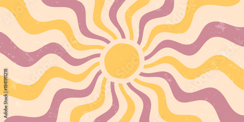 Groovy retro sun burst with wavy orange and yellow ray style. Sunshine and y2k mood in grungy horizontal background, classic sunshine burst shapes graphic sun effect for stylish abstract