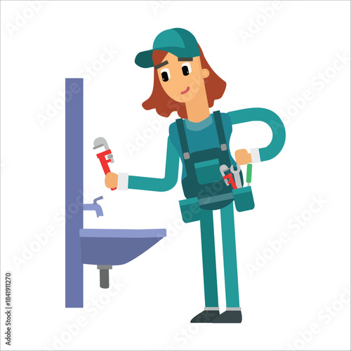Female plumber unclogging a toilet with a plunger