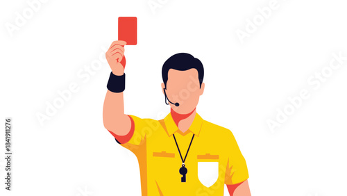A soccer referee holds up a red card, signaling a penalty during a game, while wearing a yellow jersey and a whistle around his neck.