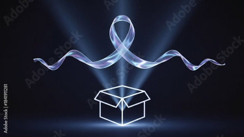 Open Box of Innovation: An open box emanates light, forming a captivating ribbon, symbolizing boundless creativity and unveiling of novel concepts.