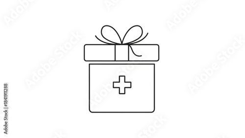 Healthcare Gift: A minimalist outline depicts a gift box adorned with a bow, symbolizing health and wellness, with a prominent medical cross, embodying the spirit of care.