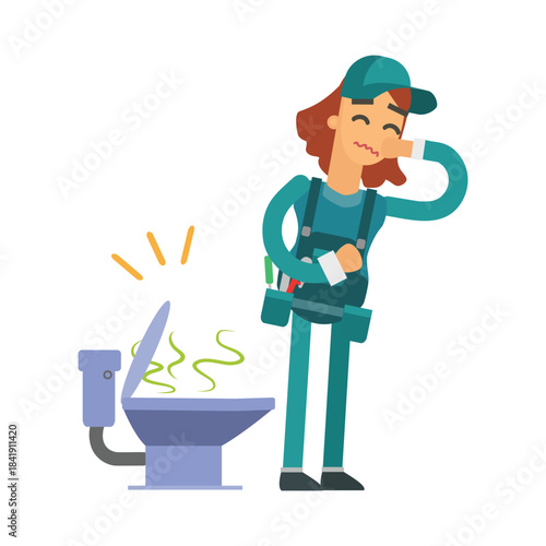 Female plumber holding her nose in disgust near a smelly toilet