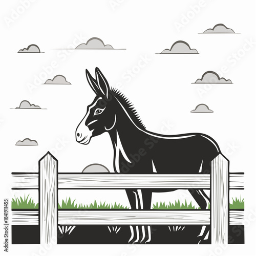 Donkey illustration standing behind a wooden fence with a simple cloudscape image
