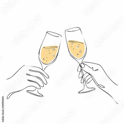 Elegant champagne toast illustration, celebrating with minimalistic sophistication and delicate