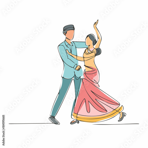 Elegant couple gracefully dancing in a stylized line art illustration evoking romance and movement