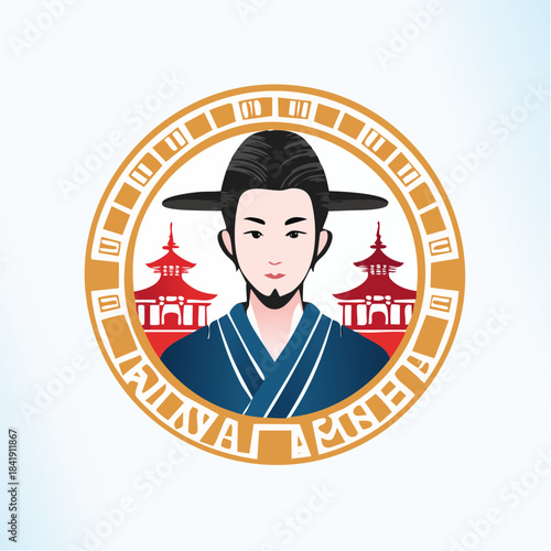 Elegant Korean man wearing traditional hat illustration in circle frame design