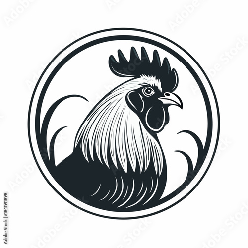 Elegant monochrome rooster emblem design showcasing detailed feathers and bold circular frame