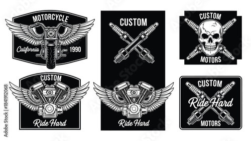 A collection of custom motorcycle emblems featuring wings, engines, spark plugs, and a skull, designed for a rugged and rebellious aesthetic.