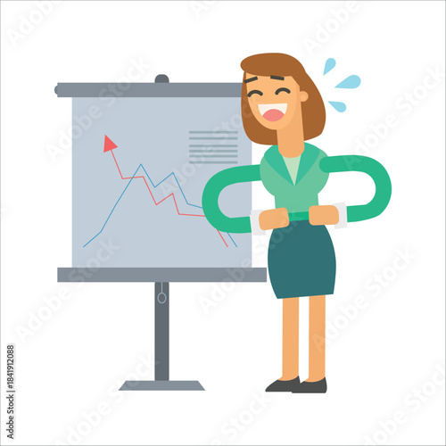 Businesswoman laughing nervously and sweating next to a negative chart. Concept of embarrassment or stress