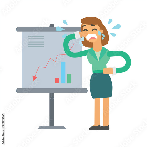 Businesswoman crying tears next to a crashing financial chart. Concept of recession