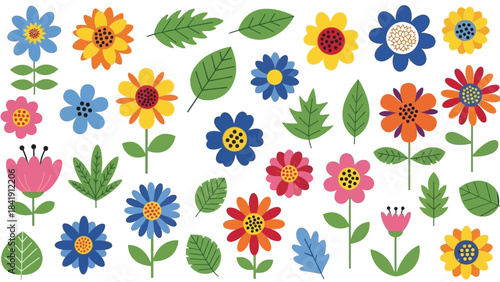A collection of colorful, stylized flowers and green leaves are arranged in a decorative pattern on a white background, showcasing a variety of shapes and sizes.