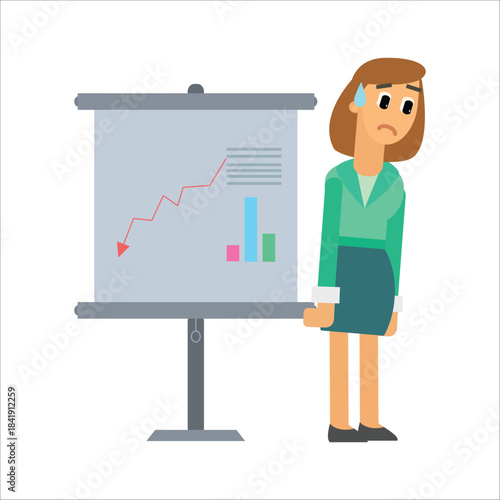 Depressed businesswoman standing slumped next to a downward graph. Concept of business failure